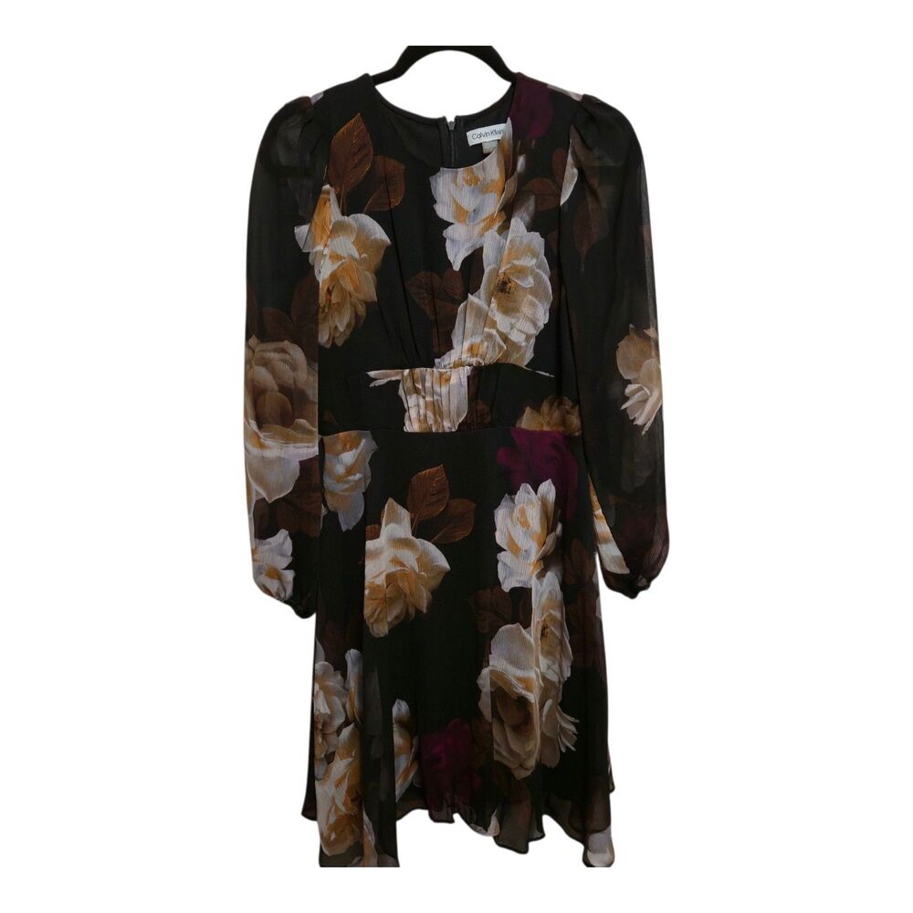 Calvin Klein Dress Floral Size 2 Black Brown Red Chiffon Lined Cottagecore NEW